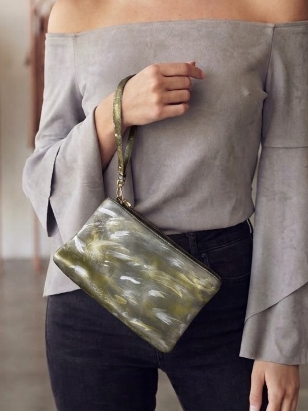 Valentina Hand Painted Metallic Gold and Silver Leather Wristlet